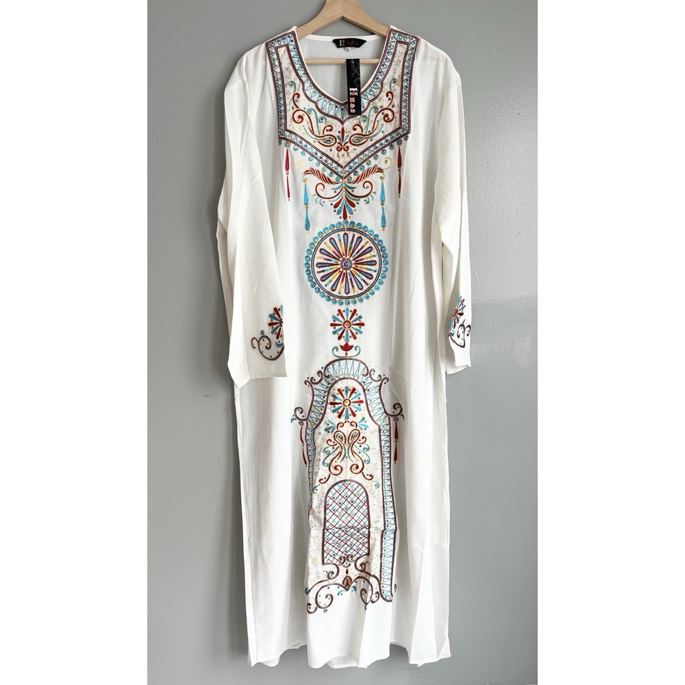 H & S Embroidered Kaftan Caftan Women's White Maxi Dress Bohemian XXL NWT